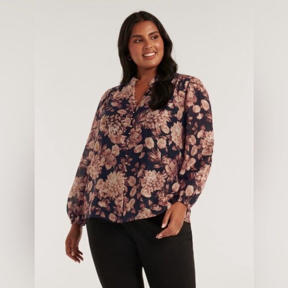 NWT EVER NEW Amelia Curve black peony Printed Button-Down Blouse 18 - Picture 13 of 16